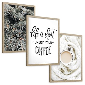 Zestaw obrazy w ramie, plakaty - igły, kawa, sweter - rama drewno