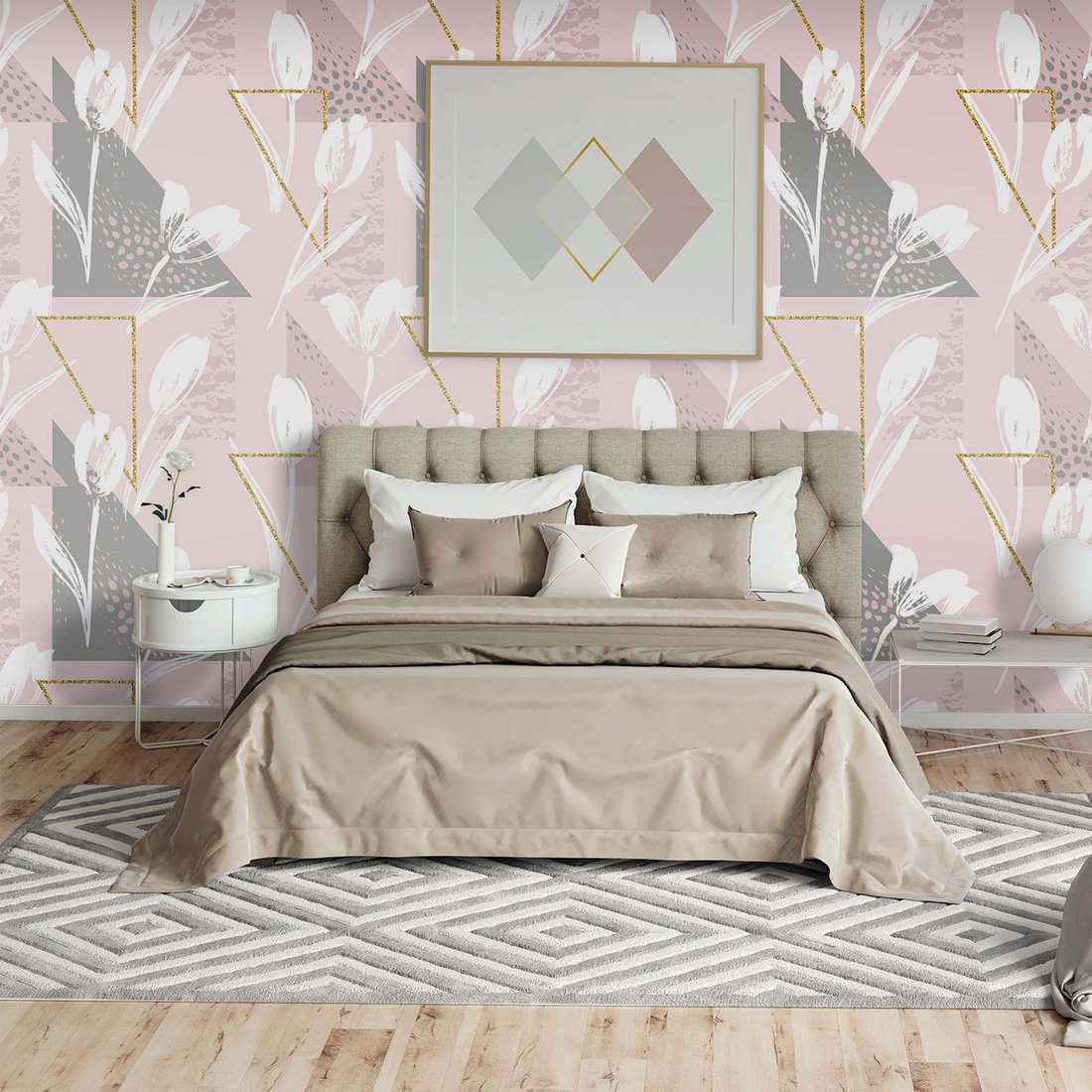 Tapeta - kwiaty, trójkąty, abstrakcja