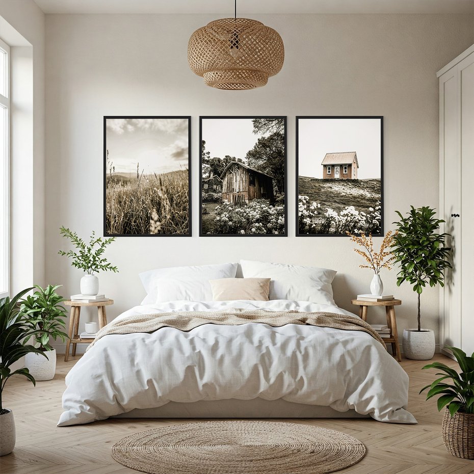 Zestaw obrazy w ramie, plakaty - wieś, natura, budynki - rama czarna