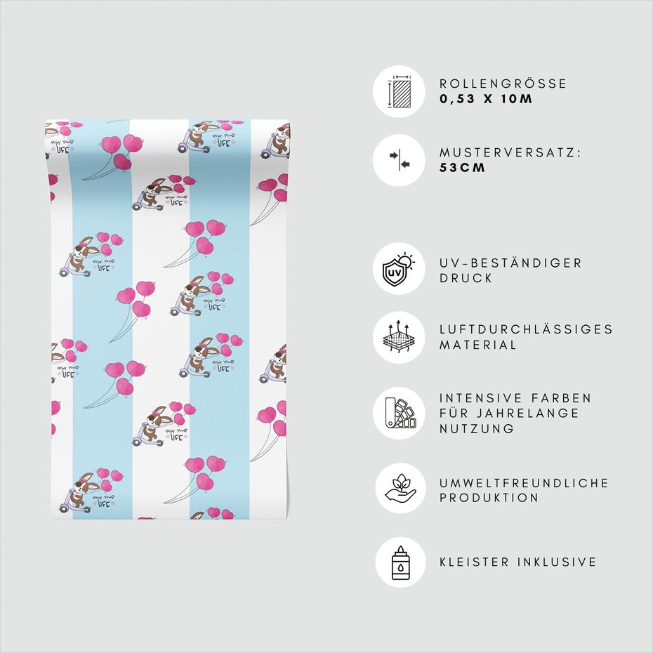 Tapeta - dziecięca, królik, hulajnoga, balony