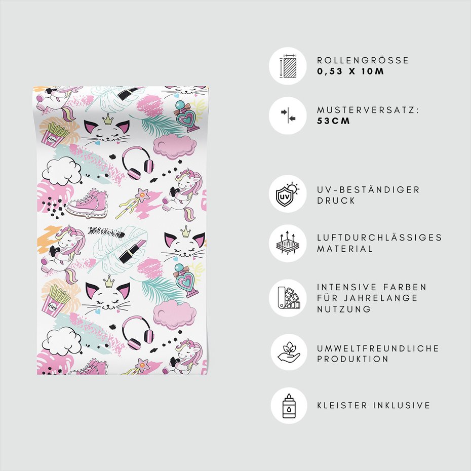 Tapeta - dziecięca, jednorożec, kot, słuchawki