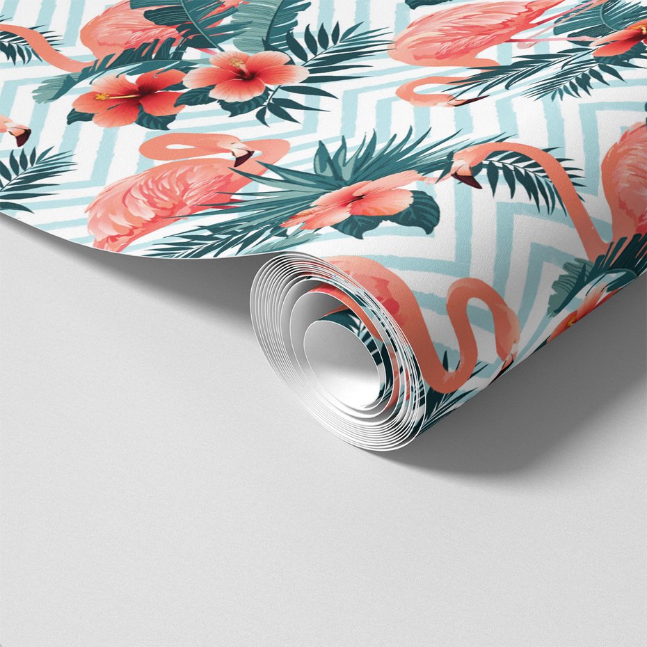 Tapeta - flamingo, kwiaty, liście