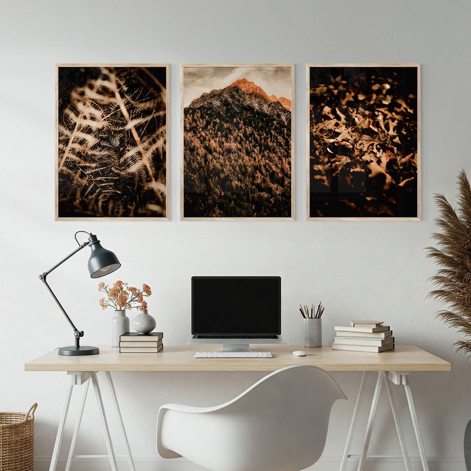 Zestaw obrazy w ramie, plakaty - natura, liście, góry - rama drewno