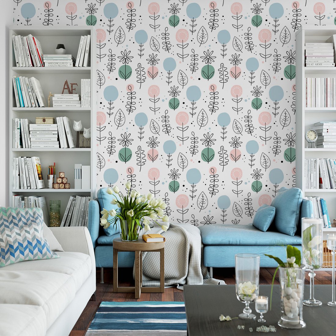 Tapeta - kwiaty, liście, kropki