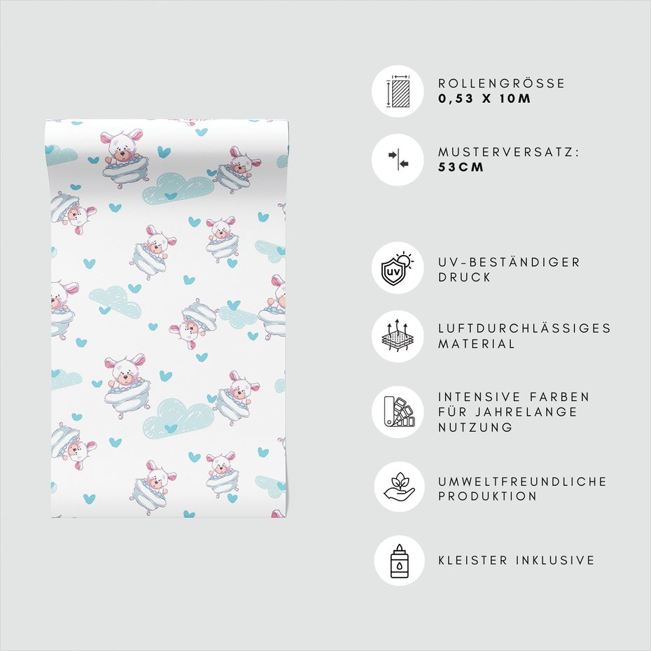 Tapeta - dziecięca, misie, chmurki, serca