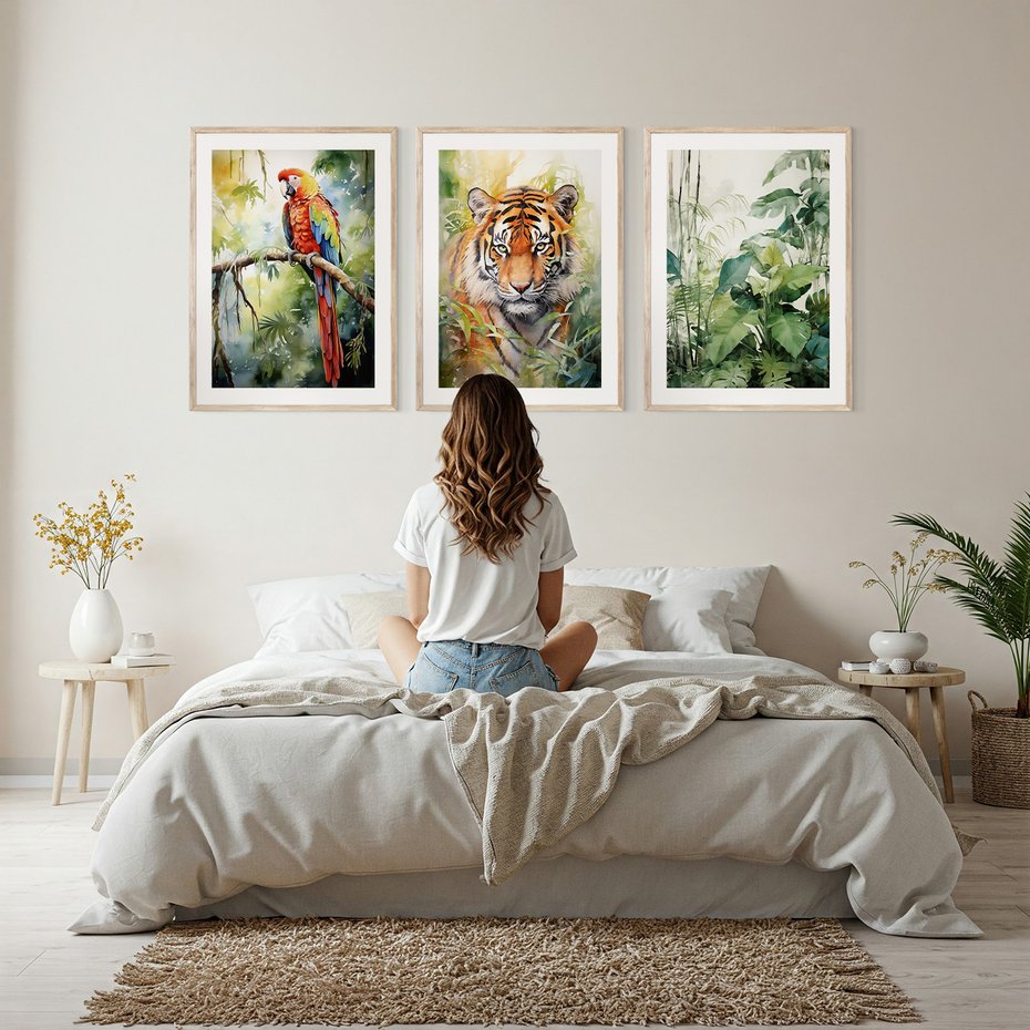 Zestaw obrazy w ramie, plakaty - papuga, liście, tygrys - rama drewno