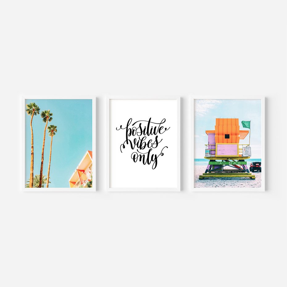 Zestaw obrazy w ramie, plakaty - palmy, plaża, tropikalny - rama biała