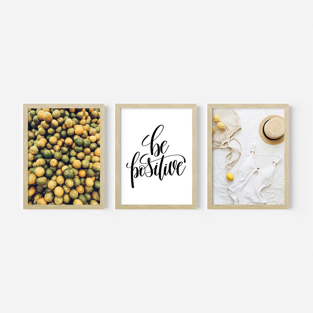 Zestaw obrazy w ramie, plakaty - owoce, cytryny, pozytywne - rama drewno