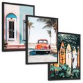Zestaw obrazy w ramie, plakaty - palmy, samochód, deski surfingowe - rama czarna