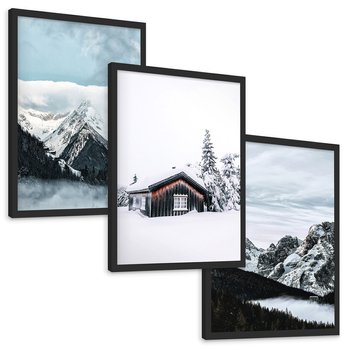 Zestaw obrazy w ramie, plakaty - zima, śnieg, góry - rama czarna