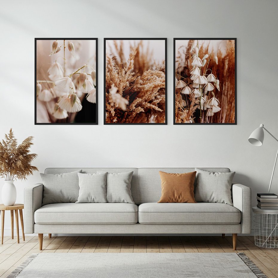 Zestaw obrazy w ramie, plakaty - kwiaty, trawa, pampasowa - rama czarna