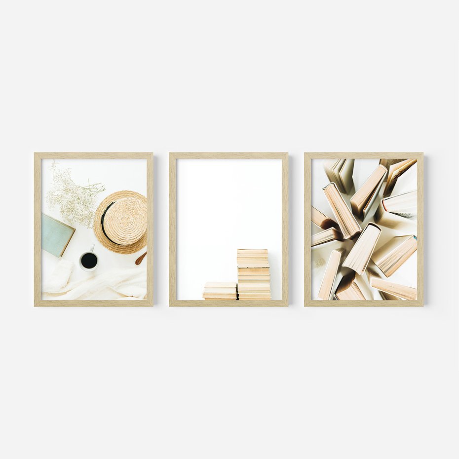 Zestaw obrazy w ramie, plakaty - książki, kapelusz, kwiaty - rama drewno