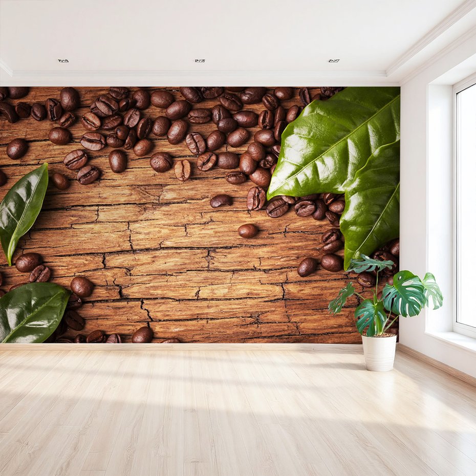 Fototapeta - kawa, ziarna, liście
