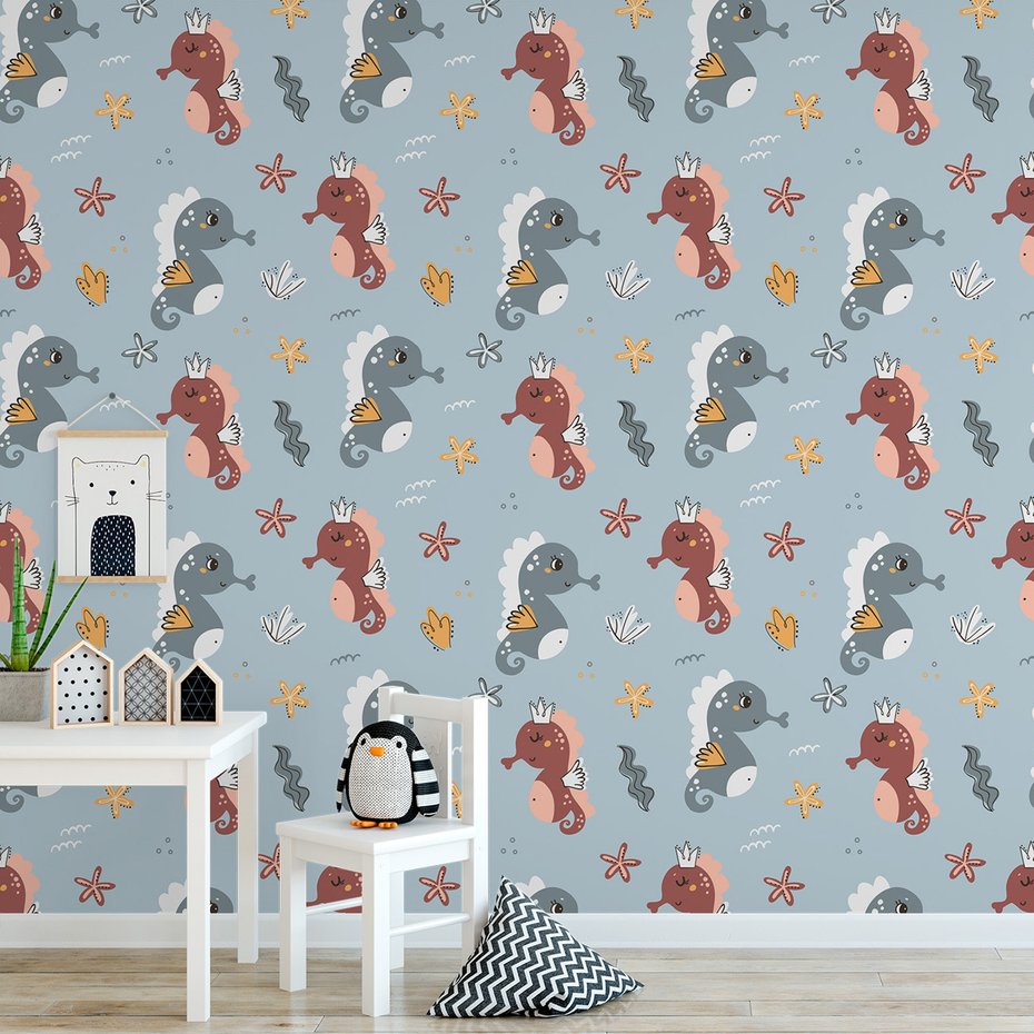 Tapeta - dziecięca, koniki morskie, gwiazdy, korony