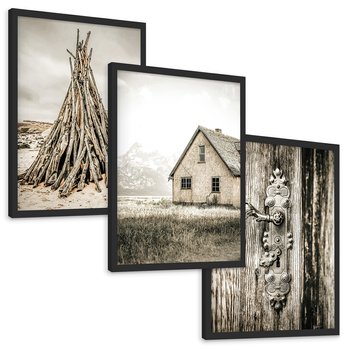 Zestaw obrazy w ramie, plakaty - vintage, dom, drewno - rama czarna