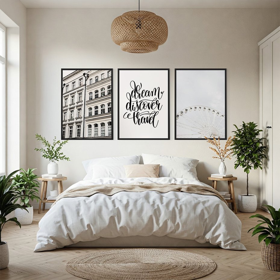 Zestaw obrazy w ramie, plakaty - budynek,typografia,koło - rama czarna