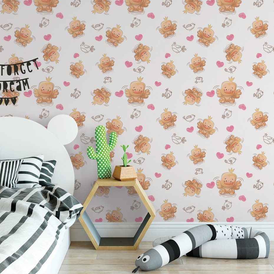 Tapeta - dziecięca, kaczka, ptaki, serca