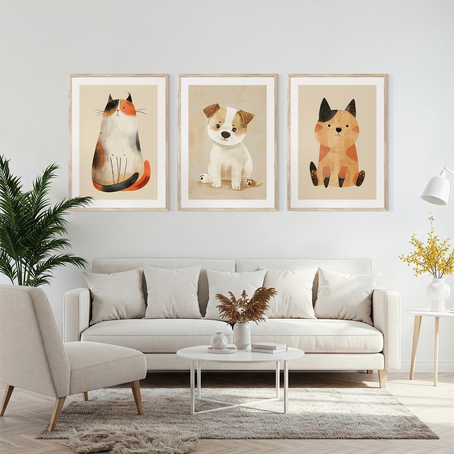 Zestaw obrazy w ramie, plakaty - zwierzęta, kot, pies - rama drewno