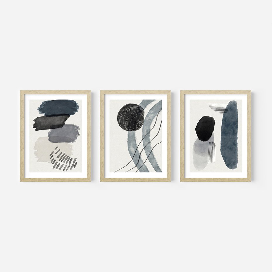 Zestaw obrazy w ramie, plakaty - abstrakcja, kształty, geometria - rama drewno