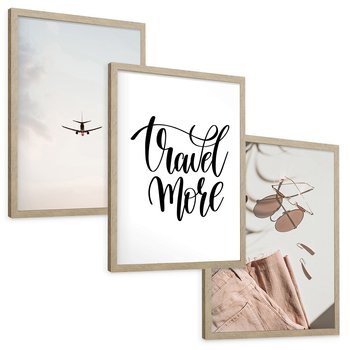 Zestaw obrazy w ramie, plakaty - podróże,wakacje,samolot - rama drewno