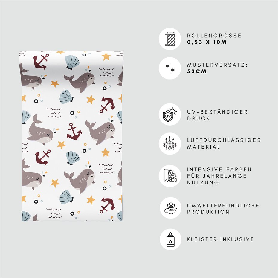Tapeta - dziecięca, wieloryb, kotwica, muszla