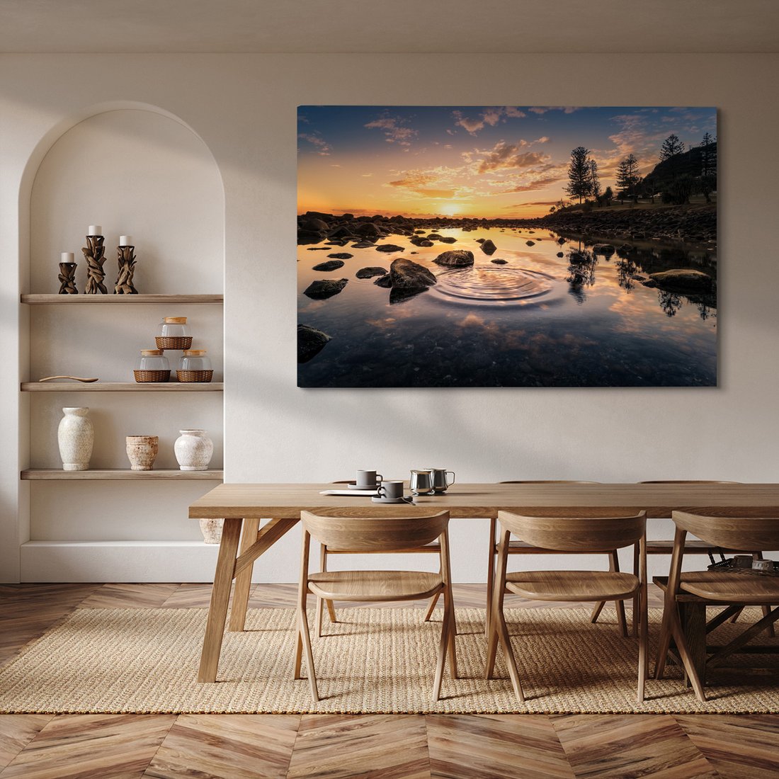 Obraz na płótnie - zachód słońca, woda, skały