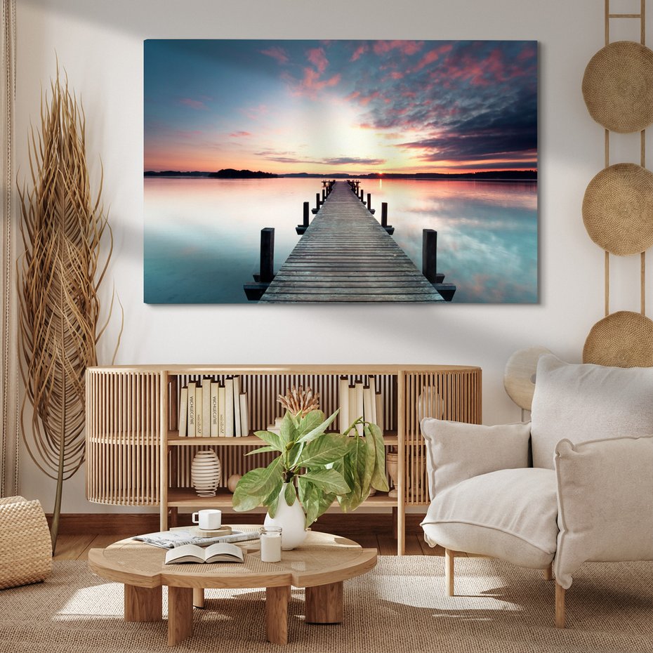 Obraz na płótnie - pomost, jezioro, zachód słońca