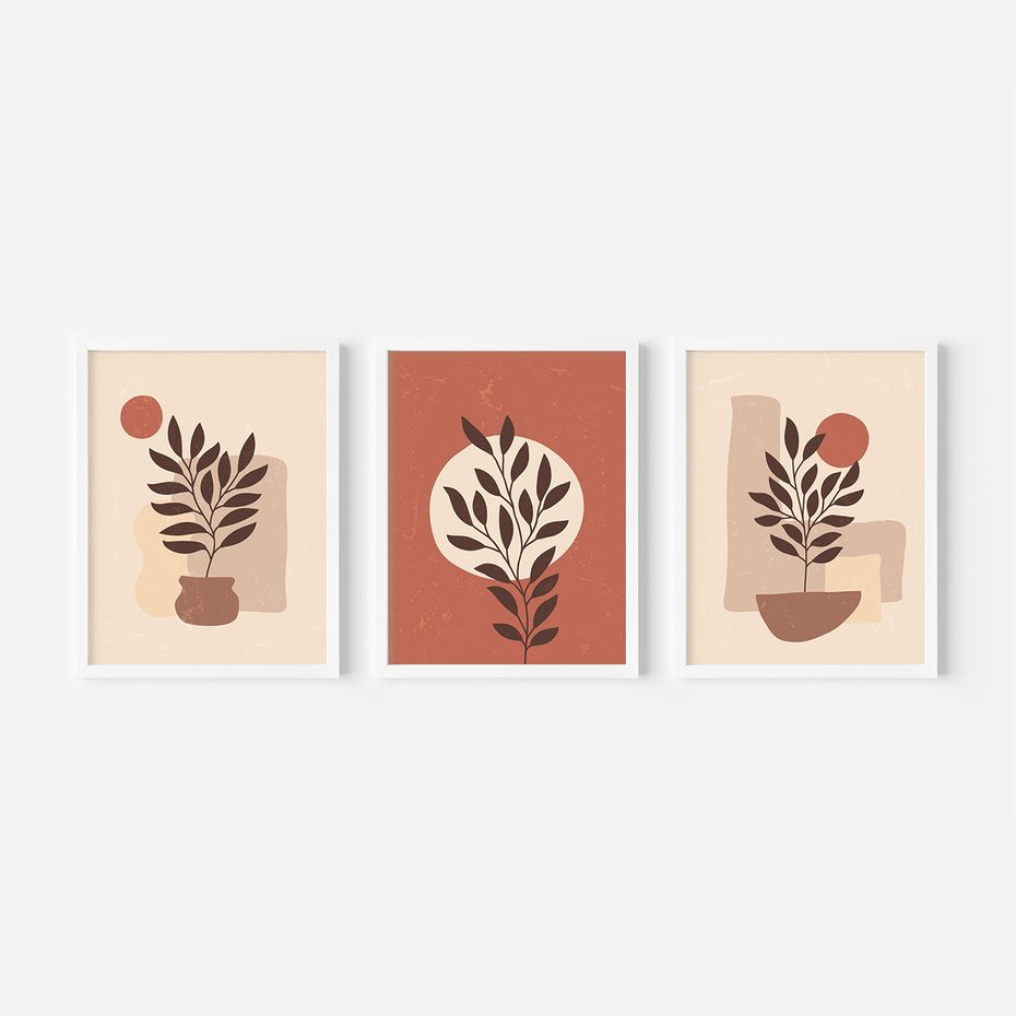 Zestaw obrazy w ramie, plakaty - liście, roślina, abstrakcja - rama biała