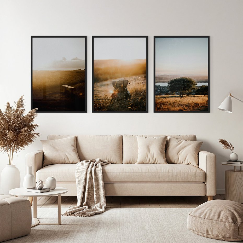 Zestaw obrazy w ramie, plakaty - krajobraz, natura, zachód słońca - rama czarna