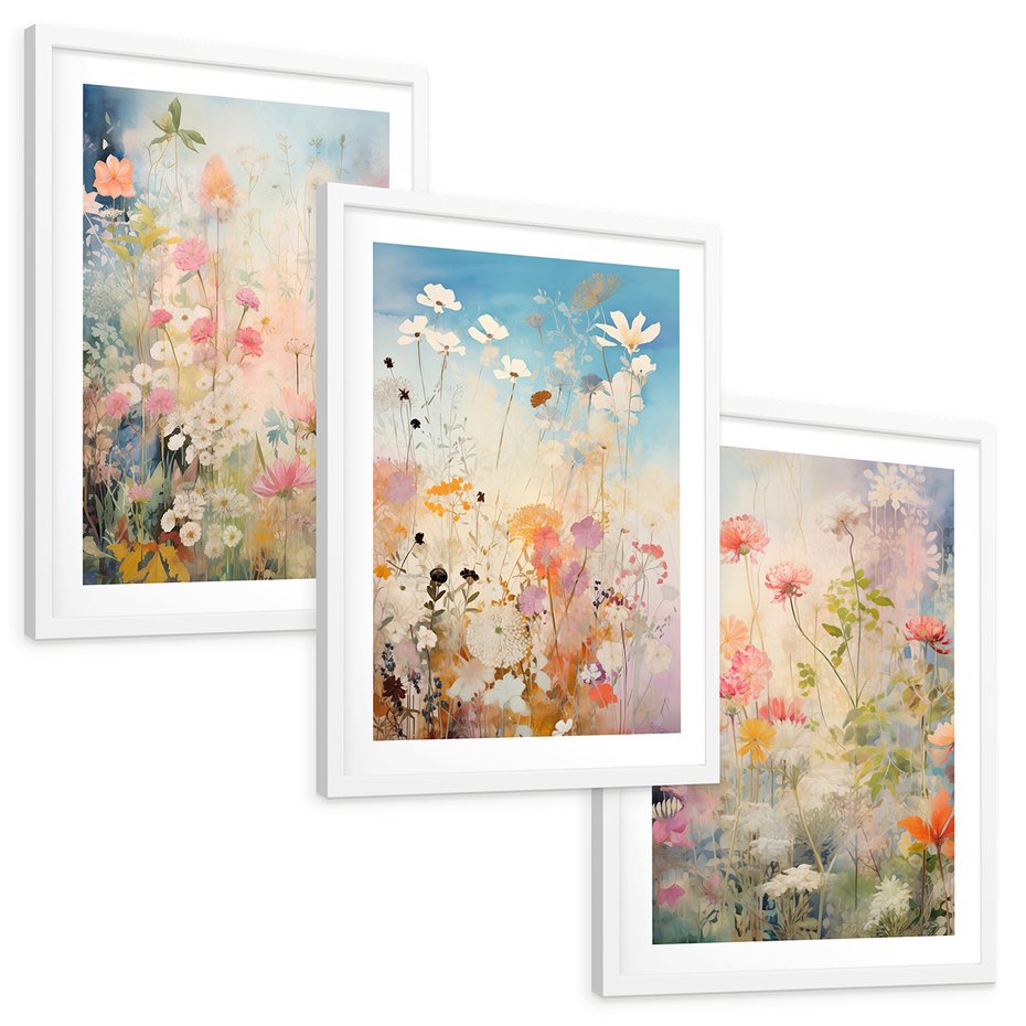 Zestaw obrazy w ramie, plakaty - kwiaty, rośliny, delikatne - rama biała