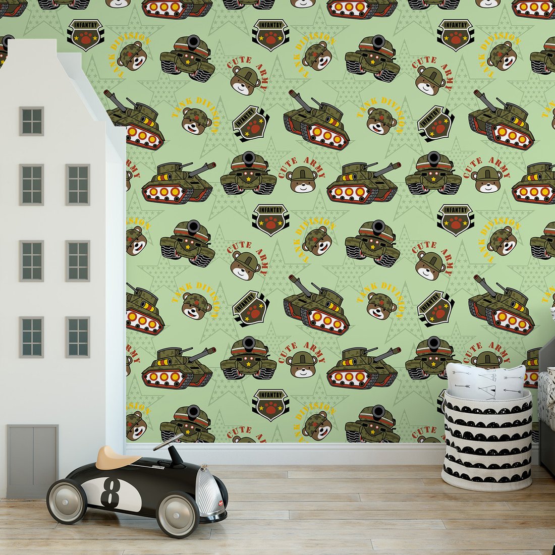 Tapeta - dziecięca, czołgi, misie, gwiazdy