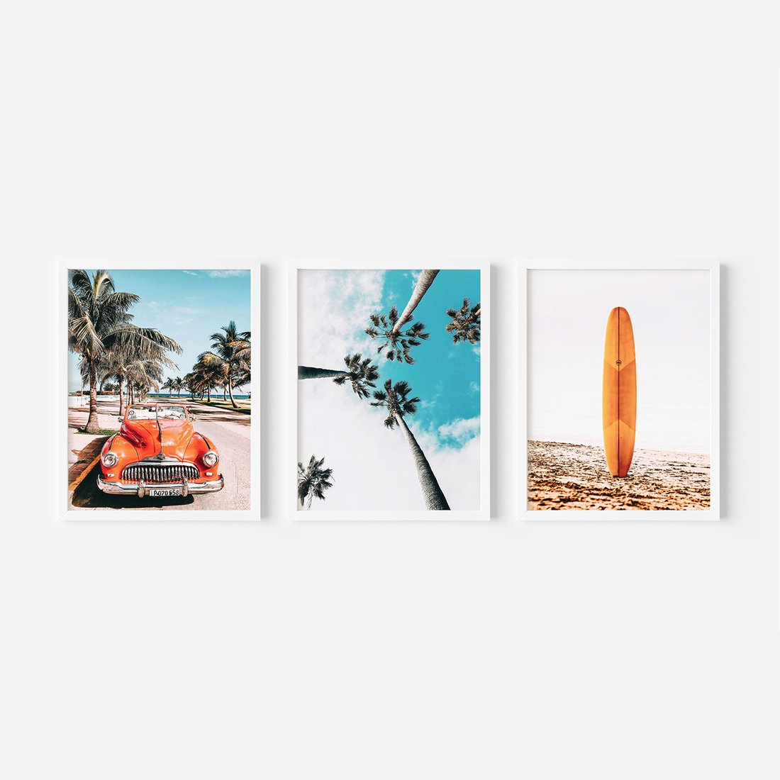 Zestaw obrazy w ramie, plakaty - palmy, plaża, wakacje - rama biała