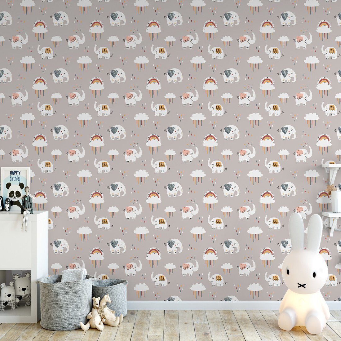 Tapeta - dziecięca, słonie, chmury, tęcza