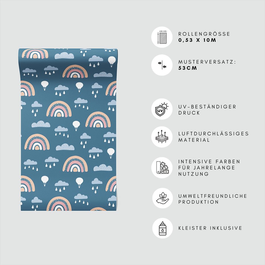 Tapeta - dziecięca, tęcze, chmury, balony