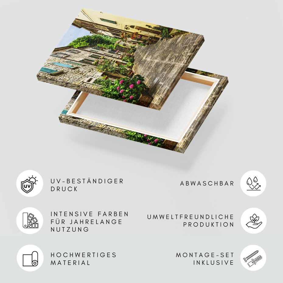 Obraz na płótnie - uliczka, kwiaty, budynki