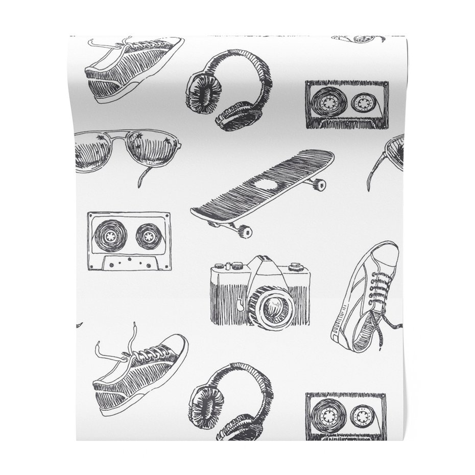 Tapeta - słuchawki, deskorolka, retro