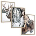 Zestaw obrazy w ramie, plakaty - zwierzęta, zima, śnieg - rama drewno