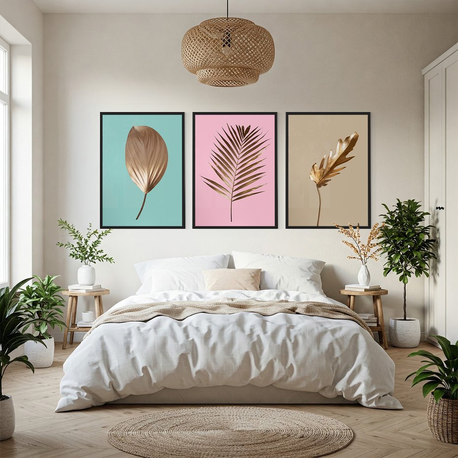 Zestaw obrazy w ramie, plakaty - liście, złoto, roślina - rama czarna