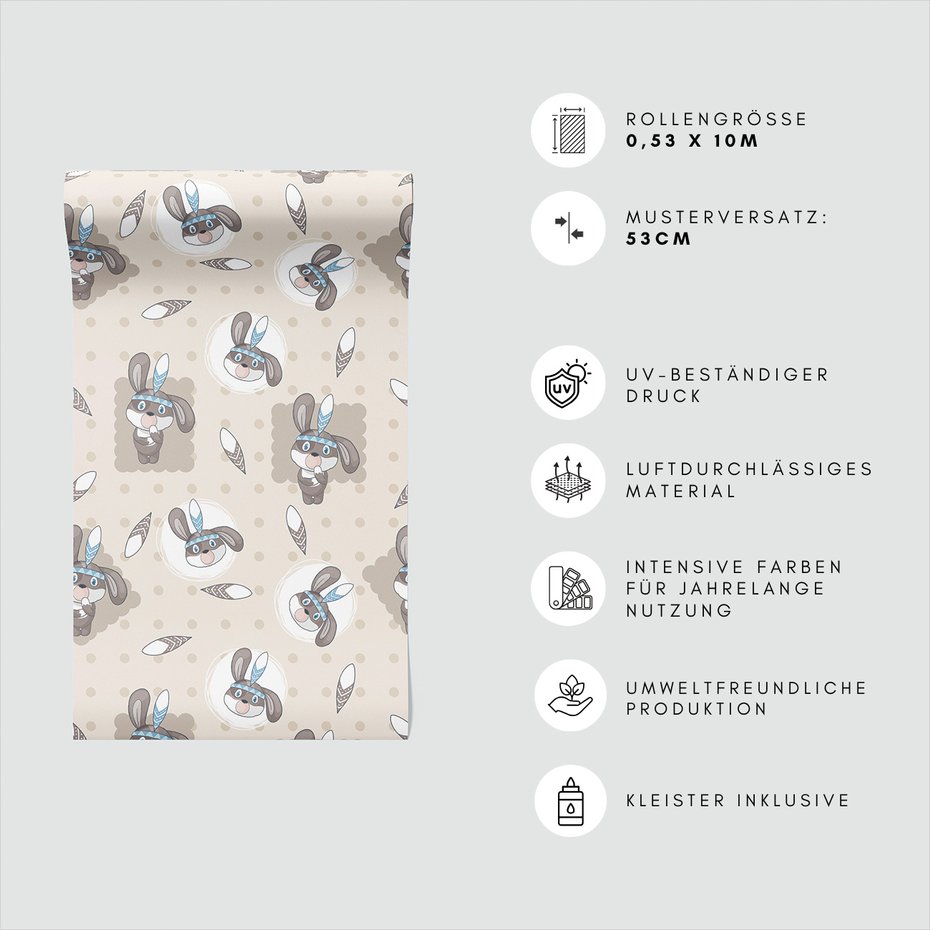 Tapeta - dziecięca, królik, pióro, kropki