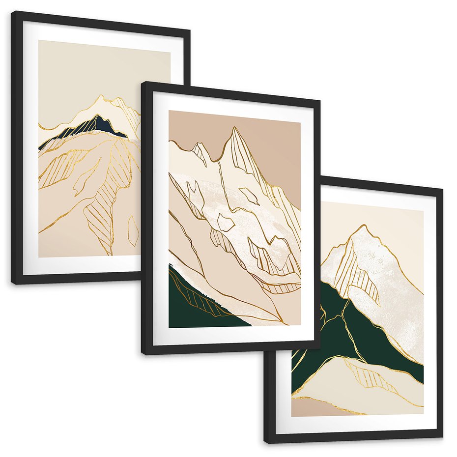 Zestaw obrazy w ramie, plakaty - góry, abstrakcja, złoto - rama czarna