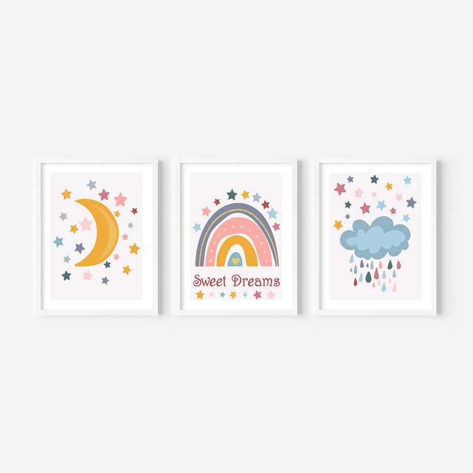Zestaw obrazy w ramie, plakaty - gwiazdy, księżyc, tęcza - rama biała