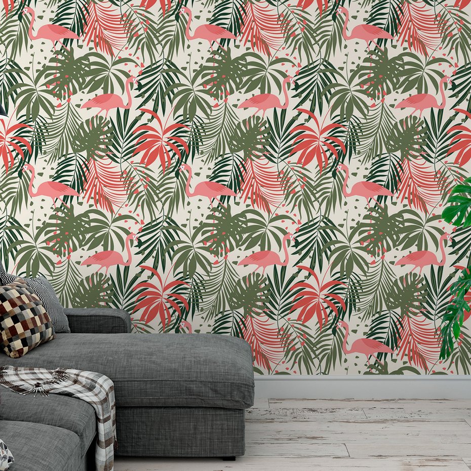 Tapeta - flamingo, liście, tropiki