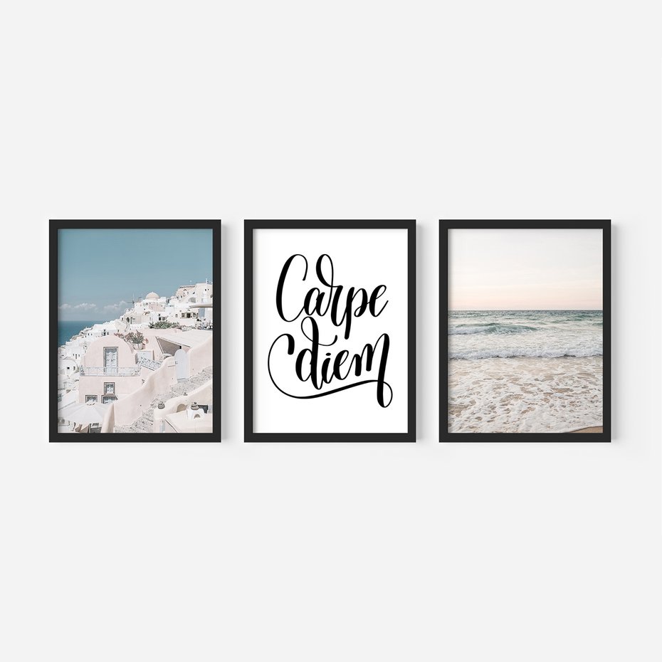 Zestaw obrazy w ramie, plakaty - architektura, morze, plaża - rama czarna