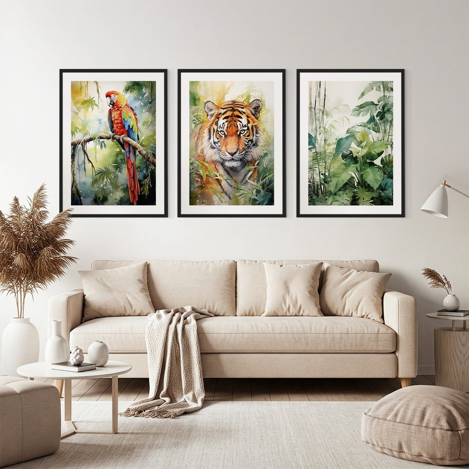 Zestaw obrazy w ramie, plakaty - papuga, liście, tygrys - rama czarna