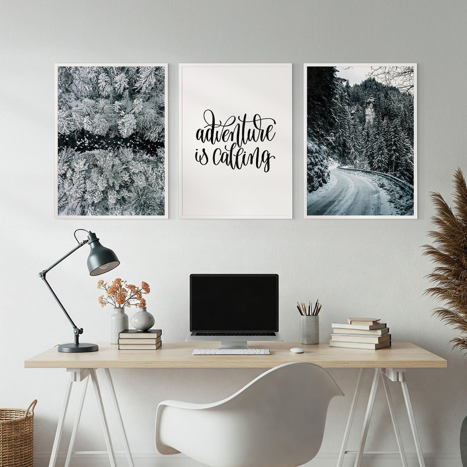 Zestaw obrazy w ramie, plakaty - zima, śnieg, las - rama biała