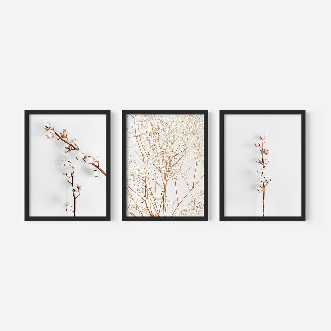 Zestaw obrazy w ramie, plakaty - bawełna, gałązki, delikatny - rama czarna