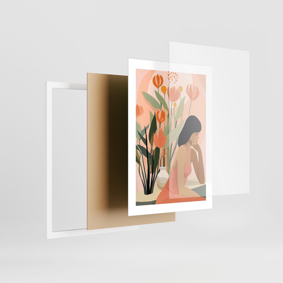 Zestaw obrazy w ramie, plakaty - kobieta, kwiaty, liście - rama biała