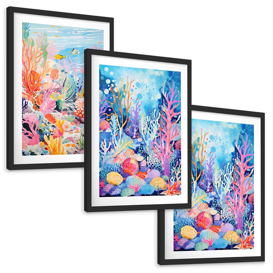 Zestaw obrazy w ramie, plakaty - podwodny, rafa, ryby - rama czarna