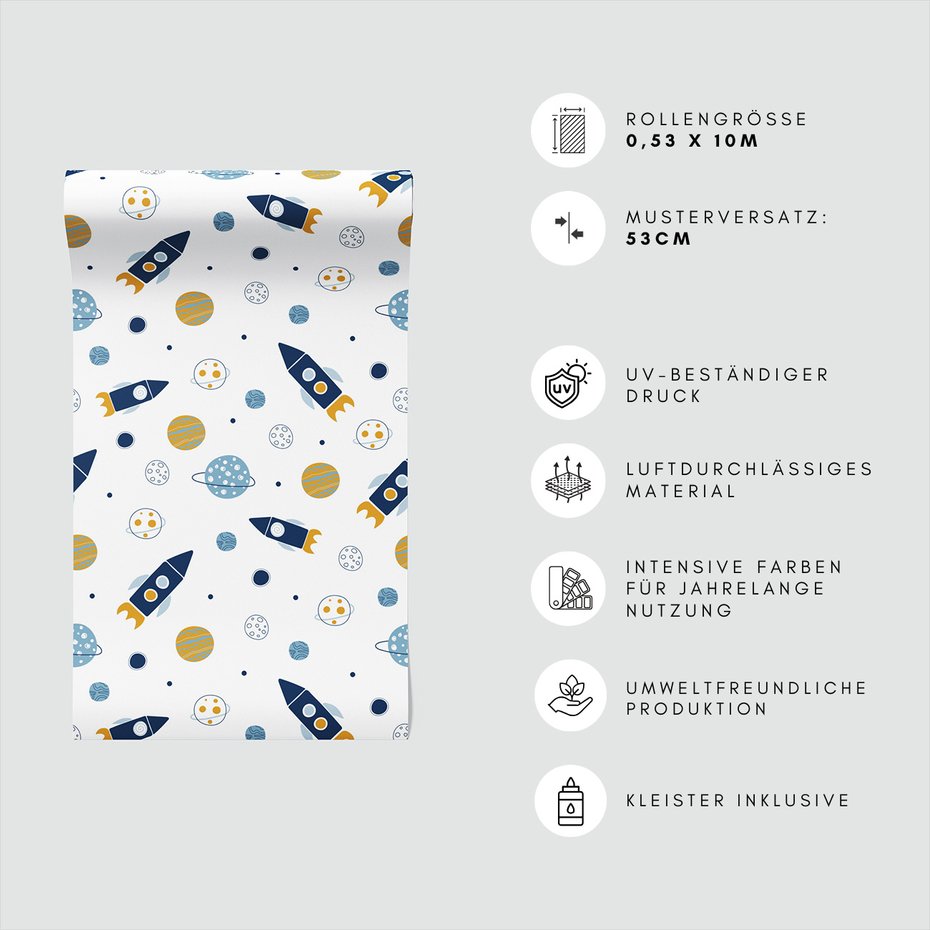 Tapeta - dziecięca, rakieta, kosmos, planeta