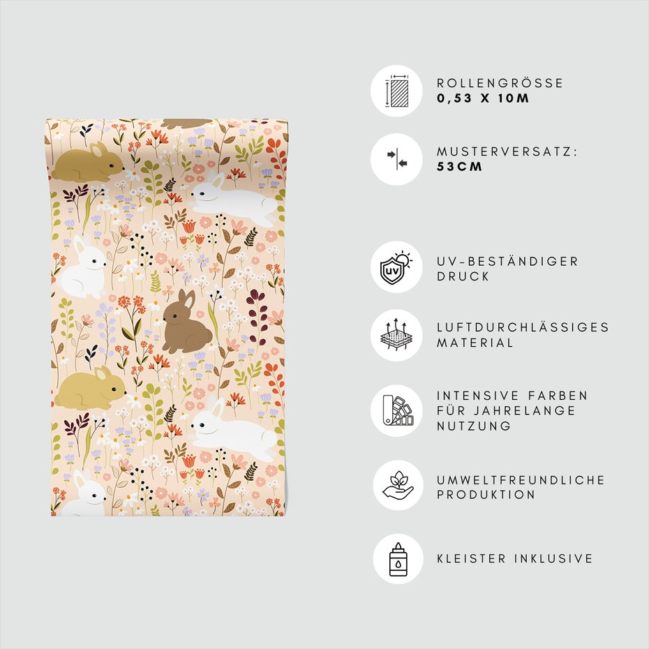 Tapeta - dziecięca, króliki, kwiaty,